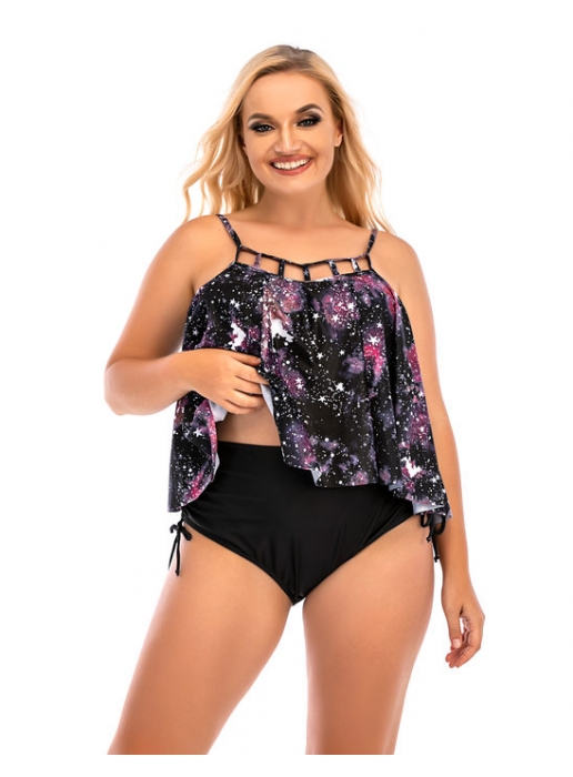 ESPRLIA Womens Plus Size Swimwear Floral Printed Halter Two Pieces Tankini Set Swimsuits